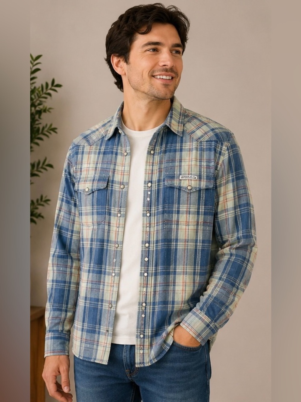 Lucky Brand Western Plaid Flannel Shirt Men’s Large Blue Pearl Snap Button Up